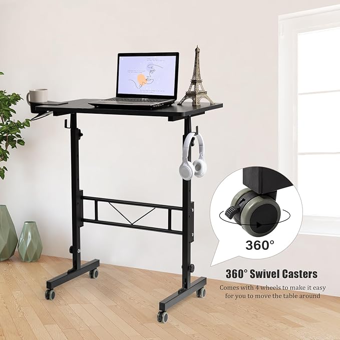 SIDUCAL Standing Desk Adjustable Height, Small Mobile Table with Wheels, Rolling Desk for Standing or Sitting, Portable Computer Desk for Walking Pad, Black
