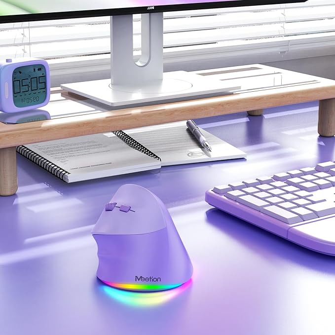 MEETION Left-Handed Mouse, Ergonomic Mouse Wireless Vertical Mouse, RGB Rechargeable Mice for Bluetooth(5.2 + 3.0) & USB-A with Type-c Adapter 4 Adjustable DPI for Mac/Windows/PC/Tablet/iPad Purple