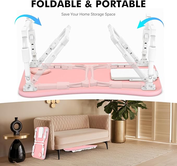 Lap Desk for Bed Adjustable Height, Foldable Bed Table with Storage Drawer, Tablet Slot & Cup Holder, Portable Laptop Stand for Bed & Sofa, Bed Desk for Adults & Kids, Pink