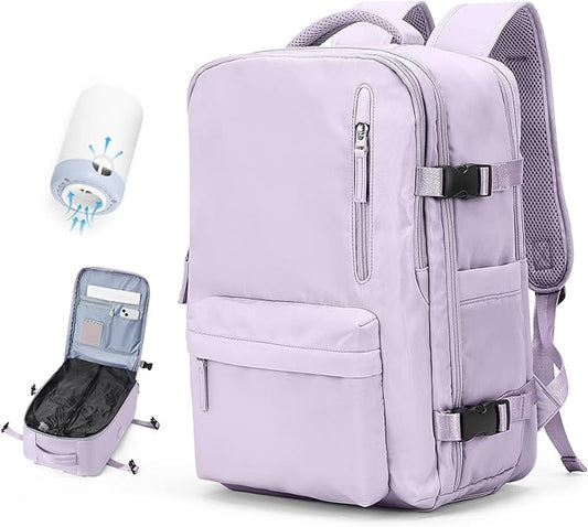 Vacuum Travel Backpack with Pump for Women, Personal Item Carry on Backpacks Flight Approved 18x14x8 inches for Men,Laptop Waterproof Work Compression bags Casual Daypack. (Purple)