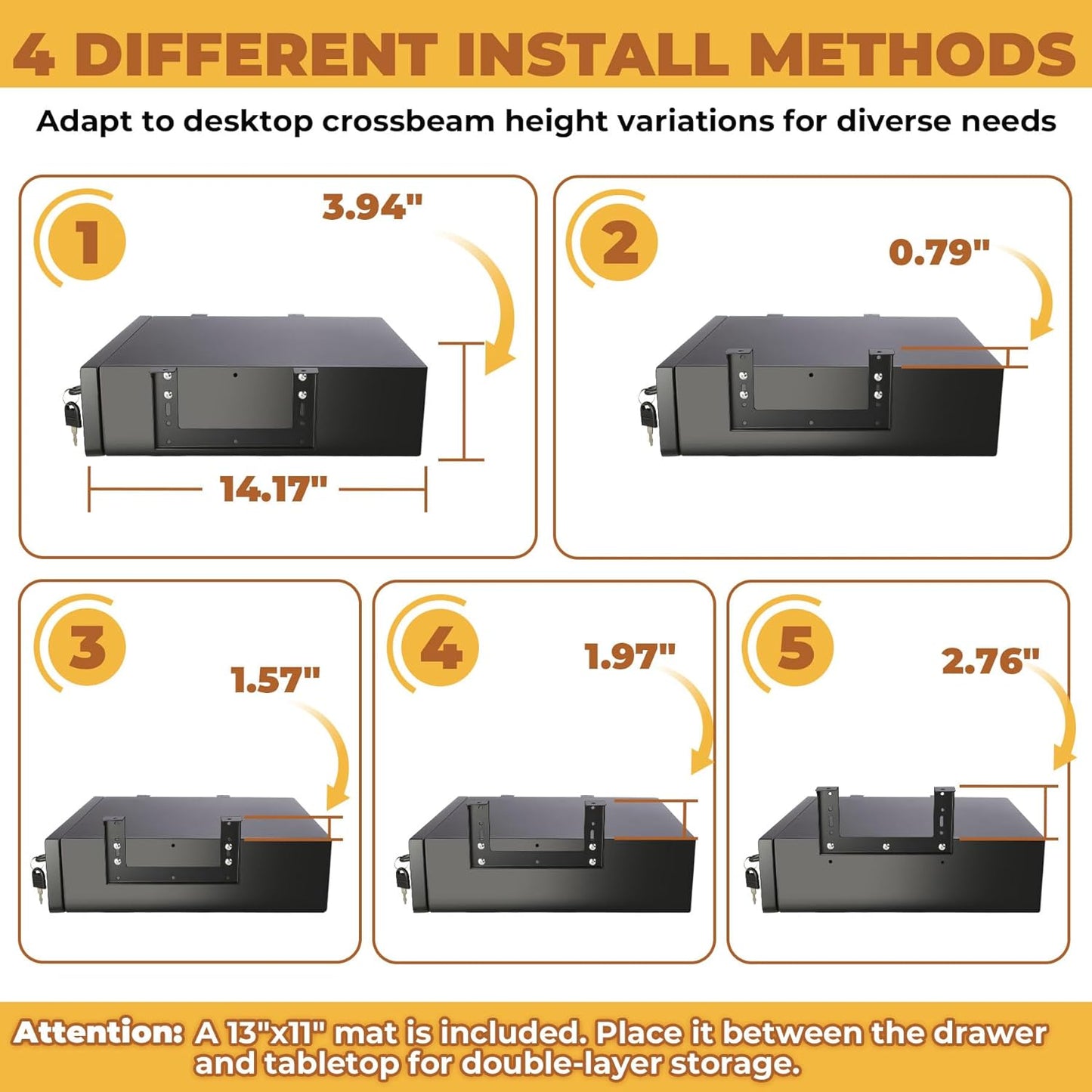 POPMOON 14 In Under Desk Drawer,Under Desk Pull Out Drawer with Lock and Keys,Adjustable Height, Metal Storage Drawer with Slide Extension Mounted Under Flat Wooden Table or Workbench,Black