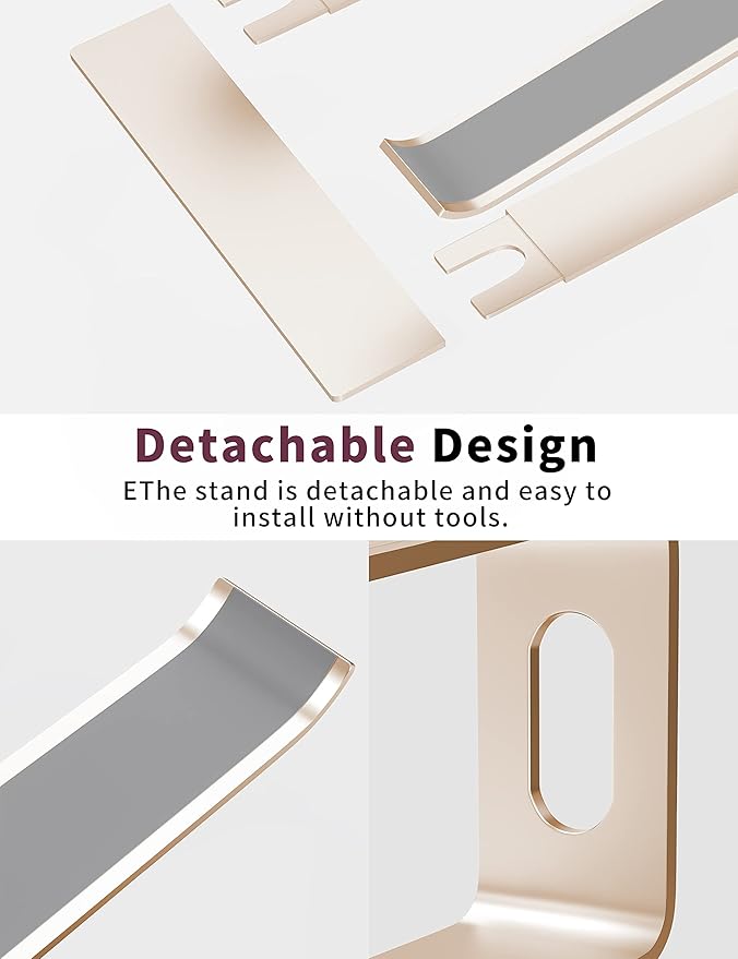 ALASHI Laptop Stand for Desk, Aluminum Computer Riser, Ergonomic Notebook Holder, Detachable Metal Laptops Elevator, PC Cooling Mount Support 10 to 15.6 Inches Notebook, Gold