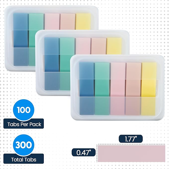 Essex Wares - 300 Pieces - Transparent Sticky Notes Tabs with Case - 5 Boho Colors - 3 Cases - 1.8" x 0.4" - 60 Pieces Each Color - Pop Up Index Tabs - Book Flags for Annotating - Book Sticky Tabs