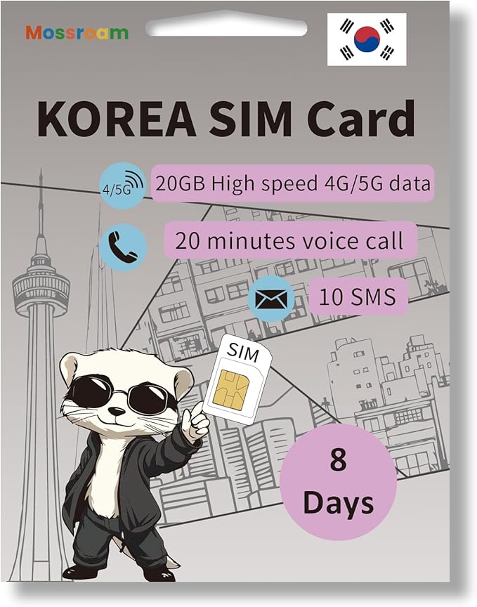 South Korea Travel SIM Card, 8 Days Plan - 20GB High-Speed Data - 20 Min Calls & 10 Texts - Prepaid & No Roaming Fees - Easy Activation
