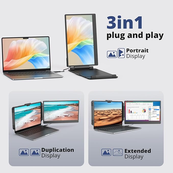 Laptop Screen Extender, FHD 1080P IPS 14" Laptop Monitor Extender, Plug and Play HDMI/Type-C - Compatible with Windows, Mac, Android, Chrome, Xbox, Switch, PS5, Work with 13”-17” Laptops