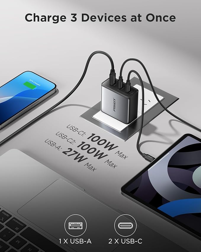PISEN 100W USB C Charger - 3-Port 100W GaN USB C Charging Block Fast Charging, 100Watt Charging Block with 6FT Type C Cable, 100Watt Wall Charger for MacBook, iPad, iPhone, Samsung, Google Pixelbook