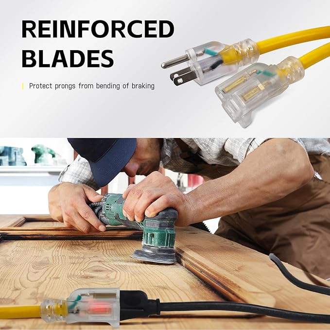 EP 3 ft Lighted Extension Cord - 12/3 SJTW Heavy Duty Yellow Extension Cable with 3 Prong Grounded Plug - 15AMP Power Cord for Lawn, Garden, Appliances