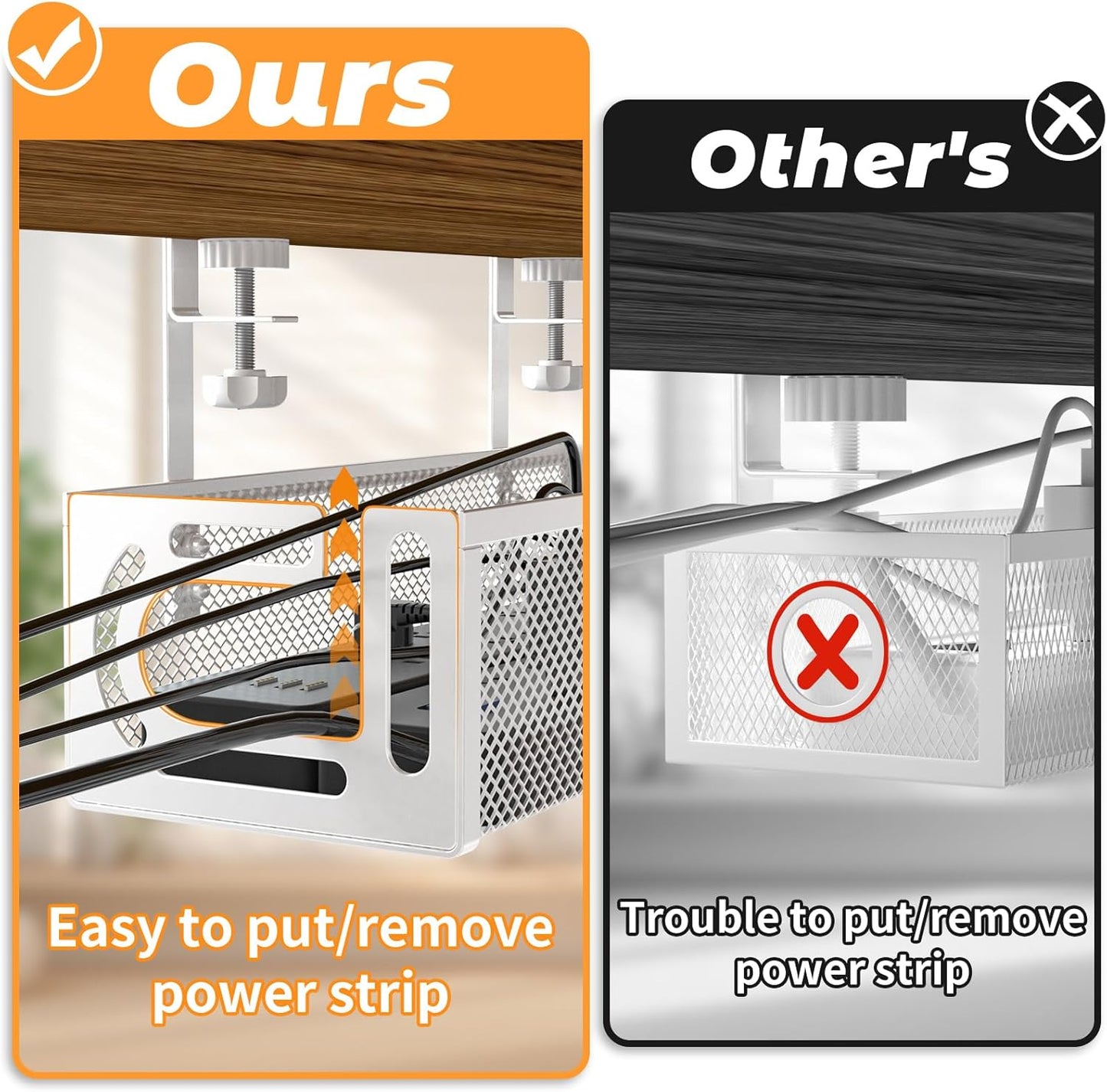 Under Desk Cable Management Tray, 15.7'' No Drill Steel Desk Cable Organizers, Wire Management Tray Cable Management Rack (1 Pack-White)