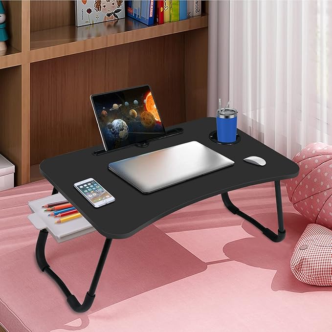 Fayquaze Portable Foldable Laptop Bed Desk with Storage Drawer and Cup Holder - Lap Desk Laptop Stand Tray Table for Eating, Reading and Working
