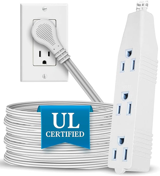 Flat Multiple Outlet Extension Cord 15 Ft for Indoor Use by Electes- UL-Listed 3-Prong Multi Extension Wire- Space-Saving Flat Angled Extension Cord- White..
