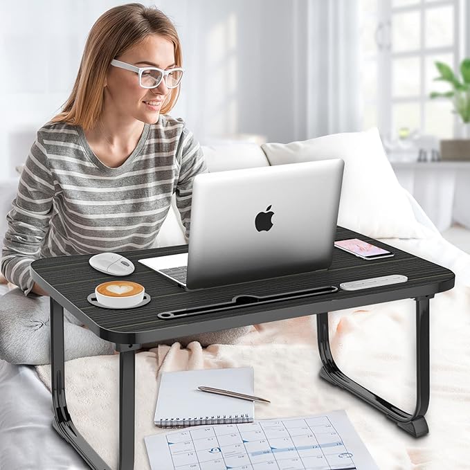 Fayquaze Laptop Bed Desk, Portable Foldable Laptop Bed Table with USB Charge Port Storage Drawer and Cup Holder, Lap Desk Notebook Stand Tray Table Serving Tray for Eating, Reading and Working
