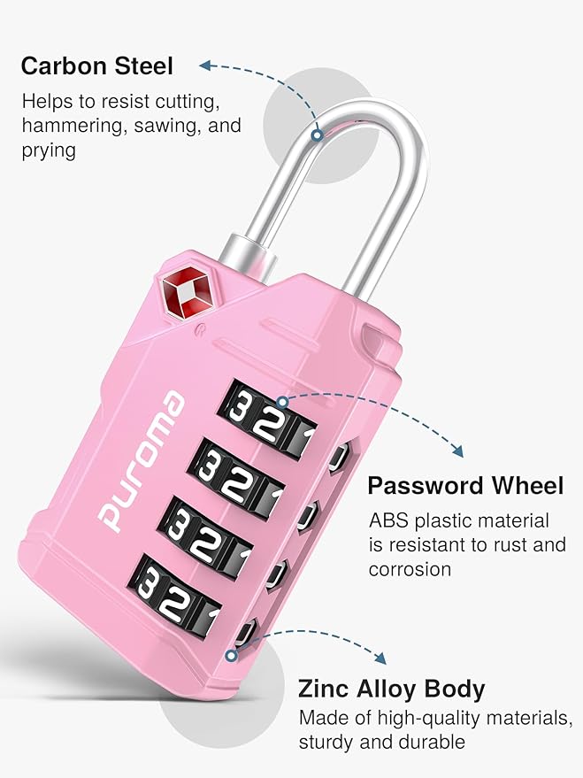 Puroma TSA Approved Luggage Locks, 2 Pack 4 Digit Resettable Travel Combination Code Lock with Zinc Alloy Body for Suitcase, Backpack, Laptop Bag, Gym Locker, Toolbox (Pink)