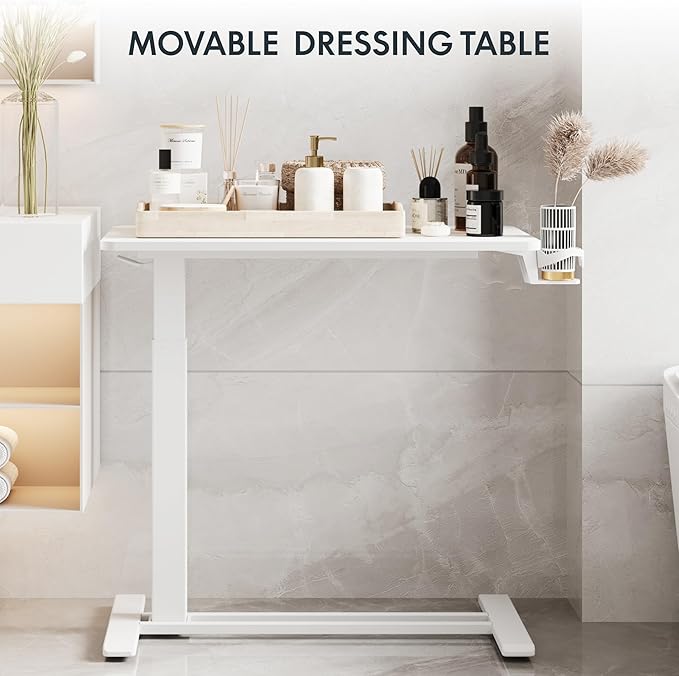 FLEXISPOT H7 Adjustable Overbed Bedside Table with Wheels Pneumatic Mobile Standing Laptop Desk Rolling Computer Cart Movable Overbed Table Hospital Home Use (31.5" W x 17.7" D, White Large)