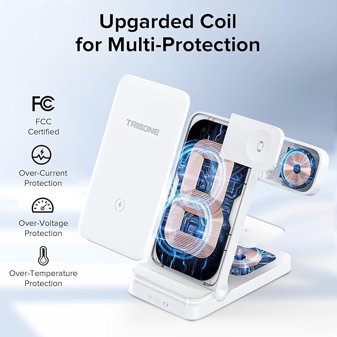 Wireless Charger, Tribone 3 in 1 Foldable Fast Charger for iPhone 17 16 15 14 13 12 11 Pro Max XR XS 8 Plus, for Apple Watch 11 10 9 8 7 6 5 4 3 2 SE Ultra,for AirPods Pro 4 3 2 (White)
