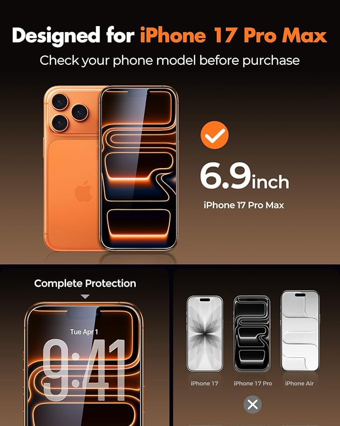 UNBREAKcable 3-Pack Screen Protector for iPhone 17 Pro Max, Double Shatterproof Tempered Glass [Easy Installation Frame] [9H Hardness] [99.99% HD Clear] [Case Friendly] for iPhone 6.9 inch