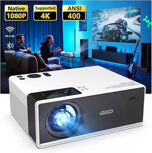 FUDONI Projector with WiFi and Bluetooth, Outdoor Portable 4K Support Projector HD 1080P Max 300" Display Zoom, Movie Video Home Theater Projector Compatible w/HDMI/USB/Phone/Laptop/TV Stick