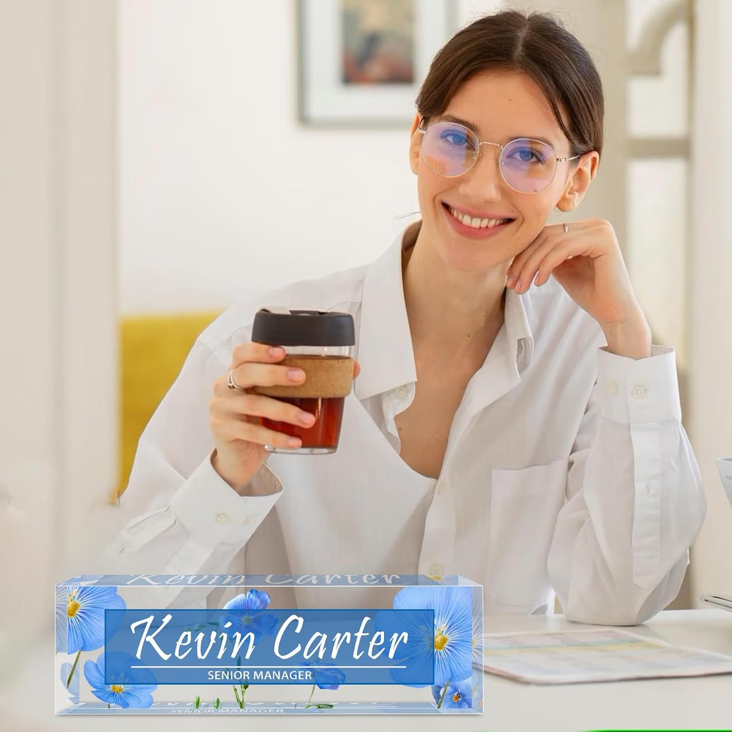 Name Plate for Desk Personalized, Acrylic Desk Decorations, Employee Appreciation Gifts, Custom Office Gifts for Coworkers, Boss, Teacher, Nurse (Blue Flowers)