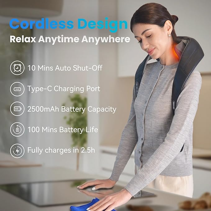 COMFIER Cordless Neck Shoulder Massager with Heat, Shiatsu Neck Back Massage for Pain Deep Tissue, 4D Kneading, Gifts for Dad Mom