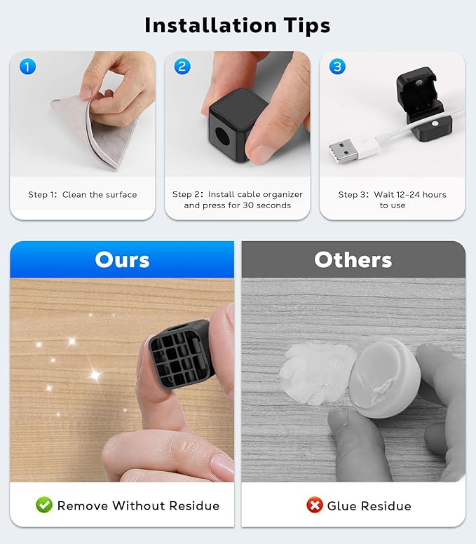 MoKo 8 Pack Magnetic Cable Clips, Desk Cord Organizer, Adhesive Cord Holder, Cable Management Wire Holder Keeper for Nightstand Desk Kitchen Office Car Wall Glass, Black