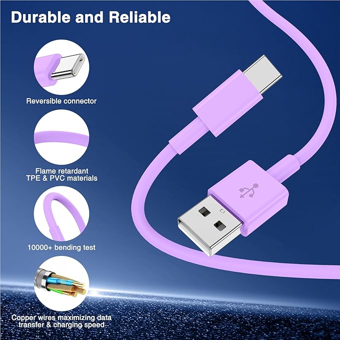 3-Pack Purple [3.3FT+3.3FT+6FT] USB A to USB C Cable，USB to USB C Car Carplay Cable for iPhone 16 15 Pro Plus Pro Max，for iPad Pro/Air/Mini，for Samsung S24/S23/S22，for MacBook Pro/Air and More