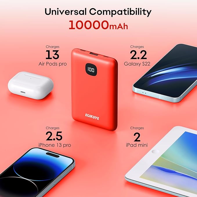 Portable Charger 10000mAh Power Bank with Digital Display, External Battery Pack with Built-in Cables, Ultra-Compact USB-C in&Out Travel Essential for iPhone, Android, Samsung etc (Red)