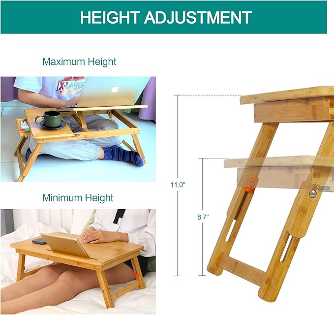 Lap Desk COIWAI Bed Table Desk Tray Laptop Desk for Bed Adjustable Height Angle Foldable Portable with Tablet Phone Holder with Storage Drawer for Bed Sofa Couch, for Eating Writing Bamboo
