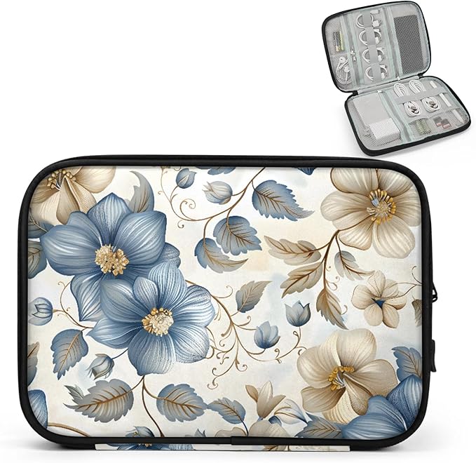 Blue White Flowers Electronics Travel Organizer Case, Tech Accessories Cable Storage Bag for Cords, Charger, Phone, Hard Drive