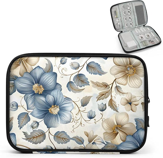 Blue White Flowers Electronics Travel Organizer Case, Tech Accessories Cable Storage Bag for Cords, Charger, Phone, Hard Drive