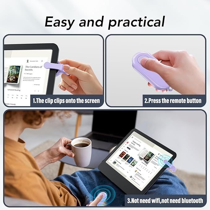Remote Control Page Turner for Kindle Paperwhite Oasis Kobo eReaders,Kindle Clicker Page Turner Accessories for iPhone,iPad, Android Tablets Reading Novels,Camera Video Record&Shutter Selfie (Purple)