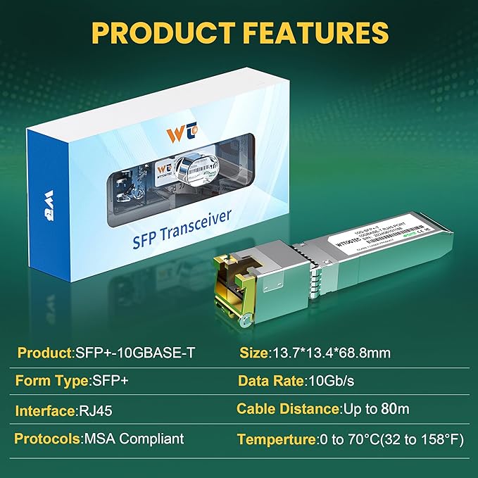 𝟴𝟬-𝗠𝗲𝘁𝗲𝗿 10Gb SFP+ to RJ-45 Module Transceiver up to 262Ft (80m), 1.25/2.5/5/10G-T Copper SFP+ CAT6a Module, Auto-Negotiation, for Cisco SFP-10G-T-S, Meraki, TP-Link, Mikrotik, Netgear and More