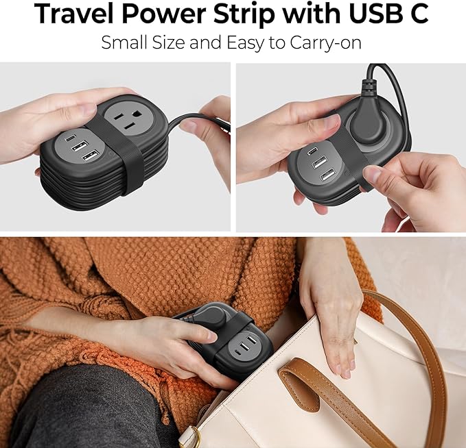 ORICO Travel Power Strip with USB Ports, 3.7 ft Extension Cord with 2 AC Outlets 3 USB Ports (1 USB-C), Flat Plug Power Strip with USB C Cruise Travel Must Haves - Black