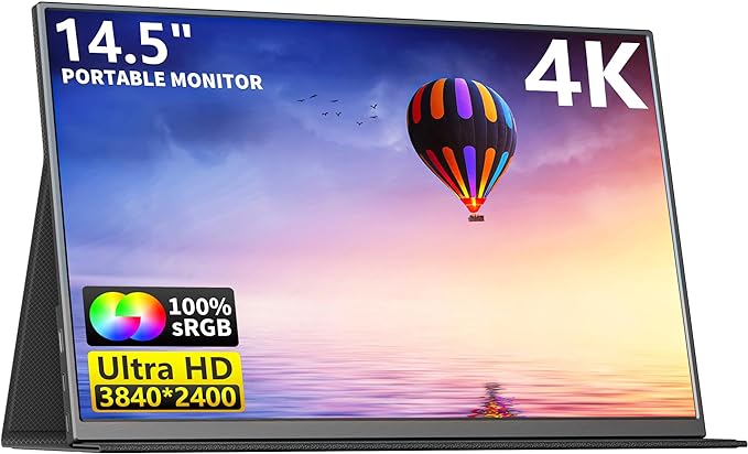 4K Portable Monitor, 14.5" IPS Laptop Screen, Slim Lightweight 1500:1 Dual USB C HDMI Gaming Display with Speakers, Travel Monitor for PC Phone PS5/4 Xbox Switch