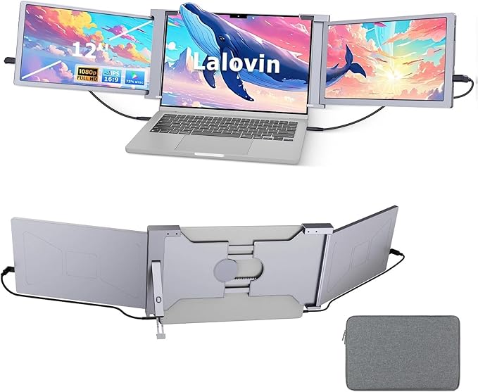 12" Laptop Screen Extender, 1080P FHD IPS Triple Portable Monitor for Laptop, Fit 13.3”-16.1”Laptops, Plug & Play Monitor Extender with USB-C/HDMI Port for Mac/Windows/Chrome/Android,Gray