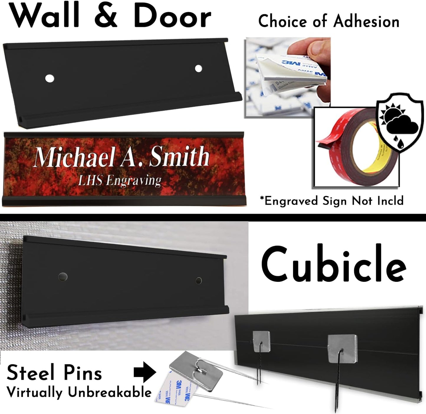 Executive Wall or Cubicle Nameplate Sign Holder Black Aluminum Fits 2x8 Plastic Office Door Name Plate or Cubicle Option| Made in USA
