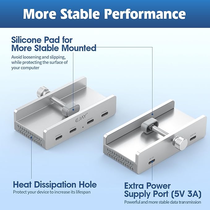 EJAY 10Gbps USB C Hub 4Ports Aluminum USB 3.2 Docking Hub Clamp Design for Desk/Computor with Extra Power Supply Port and 47inches Long Data Cable&39inches Power Cable (BJ-4C-SV)