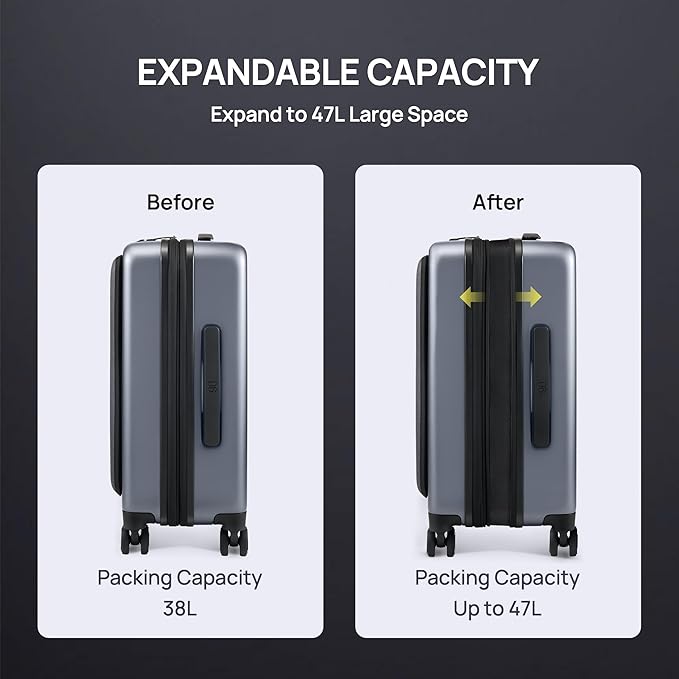 NINETYGO Carry on Luggage 22X14X9 Airline Approved with Front Laptop Pocket, 20 Inch Luggage with Front Compartment, Expandable, Double Spinner Wheels, Hardsided PC, TSA Lock (Black, Seine Max)