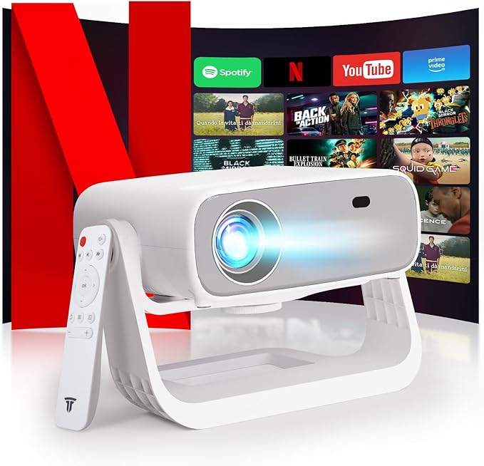 Smart Projector with WiFi 6 and Bluetooth Built-in Apps - 4K Support Portable Mini Projector Native 1080P , 2025 New Auto Keystone & Zoom Home Theater Cinema Movie Proyector, 120° Stand, Grey