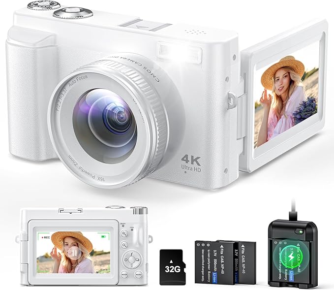 Zostuic 4K Digital Camera, 48MP Autofocus Anti-Shake Vlogging Camera for YouTube Video, 3'' 180Flip Screen with Flash 16X Zoom 32GB Card, Compact Travel Camera with Battery Charger