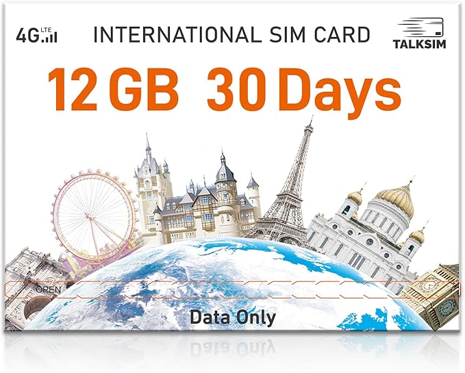 30 Days 12GB International Travel Data SIM Card, 4G LTE Coverage in 45 Countries (USA, UK, Europe, Asia, Africa), Prepaid Data Only Travel SIM for Unlocked Phones, Tablets, WiFi Hotspots,No Contract