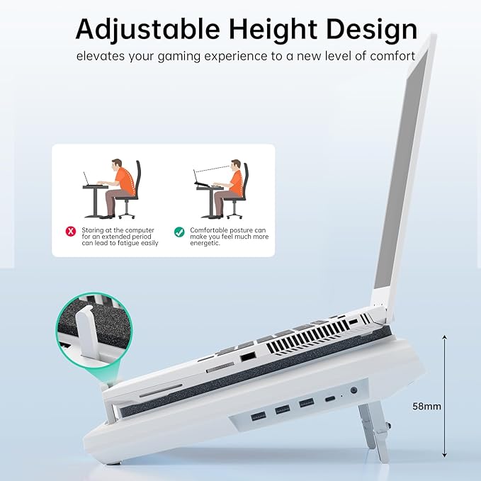 llano V12 Laptop Cooling Pad with 5.5" Turbofan – High-Speed Cooling for 15-19 Inch Gaming Laptops, Adjustable Speed & Touch Control, 3-Port USB Hub, with Mousepad, White (No RGB)