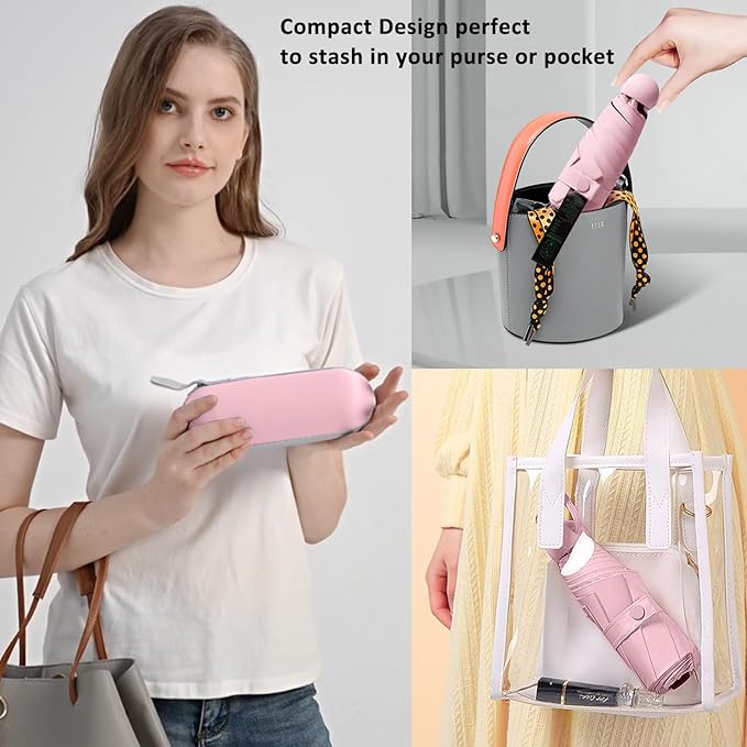 BAODINI Travel Essentials Mini Umbrella for Purse With Case Small Compact UV Sun Protection Lightweight Tiny Pocket Manual Open Close Umbrella for Women Kids and Men Fit Purse Backpack