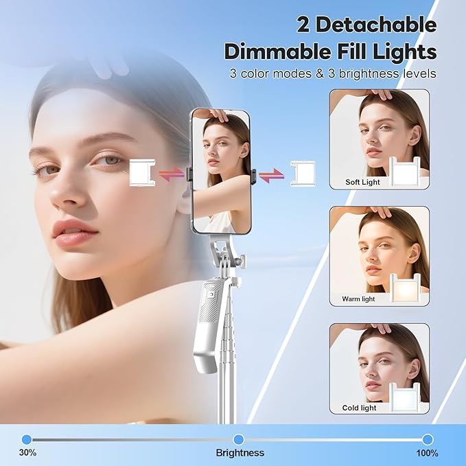 71" Selfie Stick Phone Tripod with Wireless Remote & 2 LED Fill Lights, Extendable Aluminum Phone Stand for iPhone/Android/Camera, Portable Travel Tripod for Vlogging, Live Streaming, Video Recording