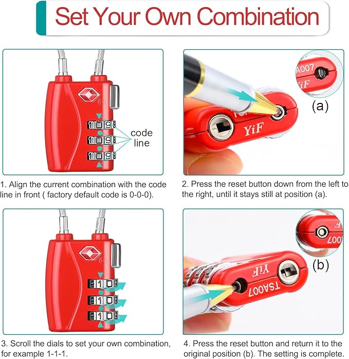 ZHEGE TSA Wire Lock 2 Pack Cable Luggage Lock with Alloy Body for Suitcase, Baggage, Backpack, Pistol Case (Black & Red)