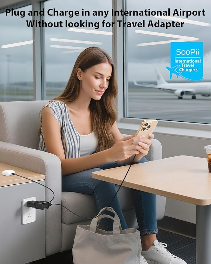 SooPii 25W Universal Travel Power Adapter, International Power Adapter, USB-C PD & USB-A QC Universal Travel Plug, Mini Travel Adapter for UK US EU AU with 100W Smart LED Indicator C-to-C Cable