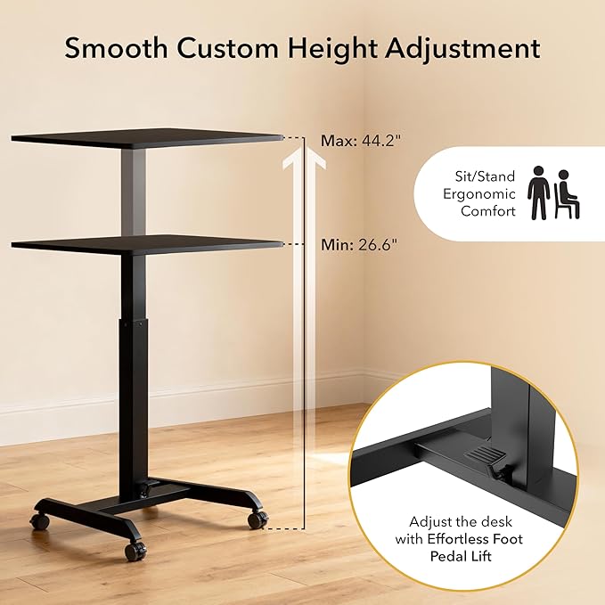Mount-It! Rolling Laptop Desk Adjustable Height (29.6”-44.2”), Mobile Workstation Cart with 23.6” x 20.5” Desktop, Small Sit-Stand Desk for Home, Office, or Classroom in Black