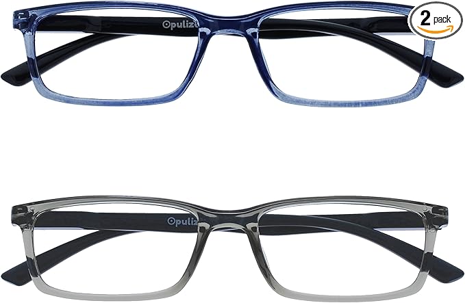 OPULIZE SEE Reading Glasses with Blue Light Blocking for Women and Men, Narrow Frame, Spring Hinges, Computer Gaming Glasses, Blue,Grey +2 (Pack of 2)