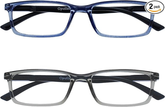 OPULIZE SEE Reading Glasses with Blue Light Blocking for Women and Men, Narrow Frame, Spring Hinges, Computer Gaming Glasses, Blue,Grey +2 (Pack of 2)