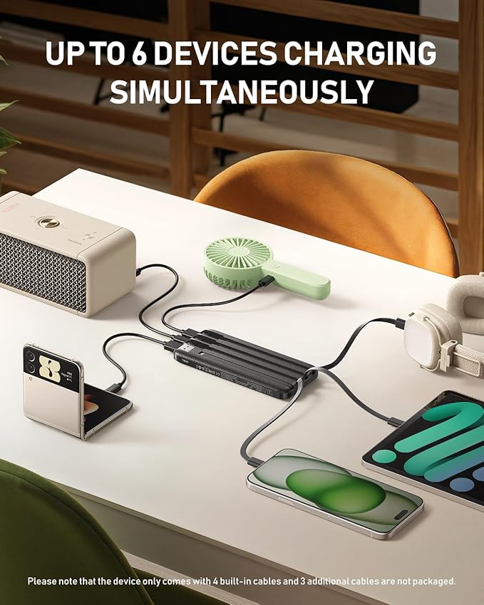 charmast Portable Charger with Built in Cables, 10000mAh Slim Power Bank, 15W USB C in&Out Port High Speed Charging External Charger, Battery Pack Compatible with iPhone 16 15 13 Samsung Google iPad