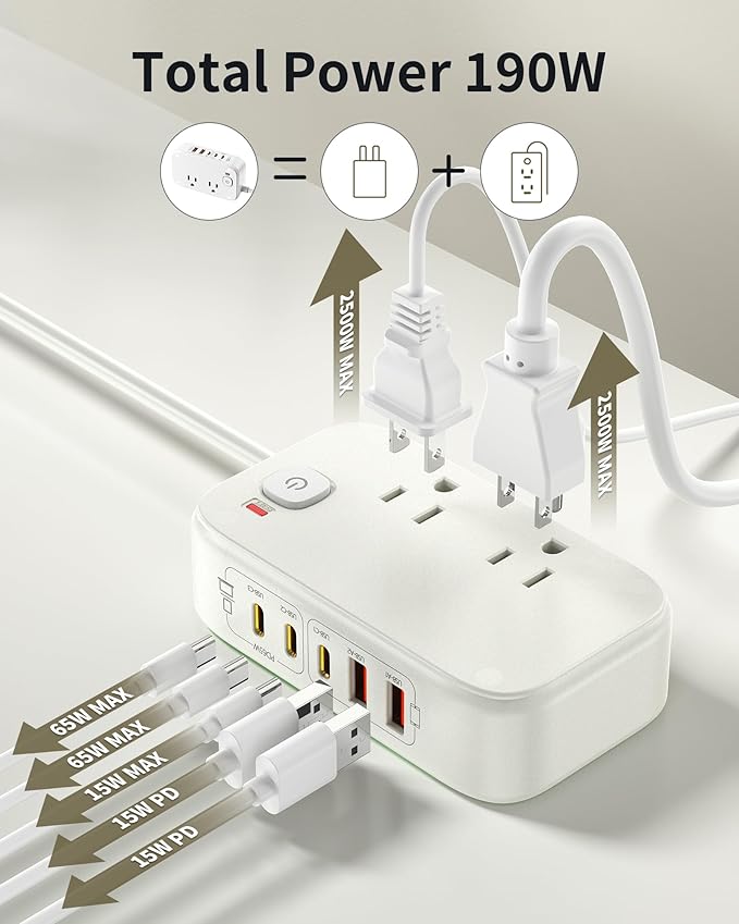 Power Strip with USB C Ports,65W USB Charging Station,Travel Extension Cord Fast Charging Hub for Cell Phones, Tablets, Laptops, and More