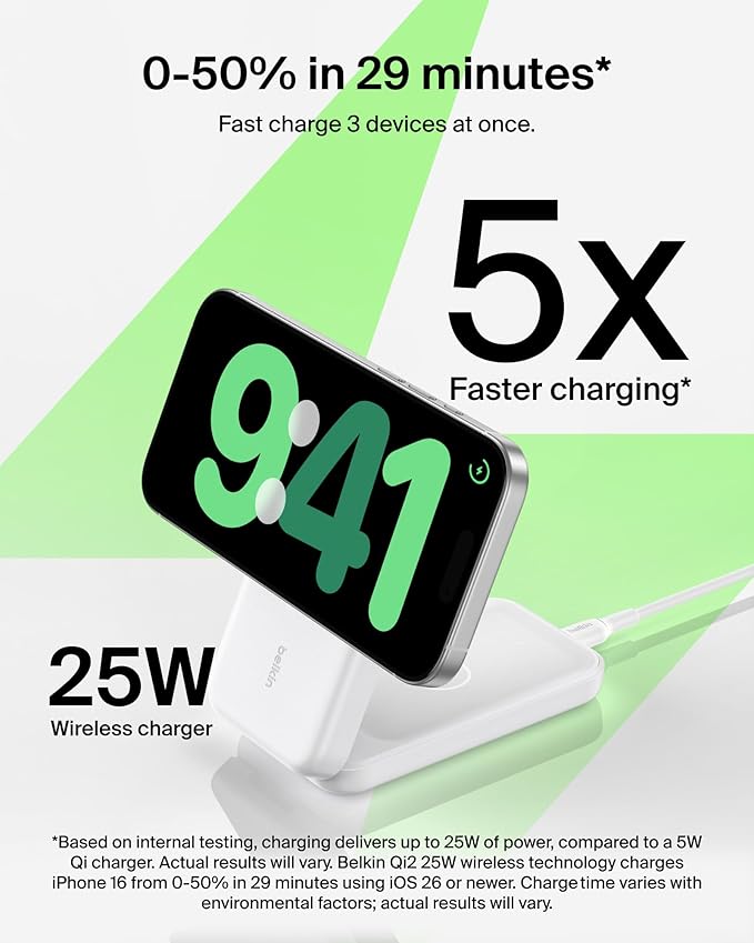 Belkin MagSafe Charger Compatible, 3-in-1 Charging Station, Qi2.2 25W Magnetic Wireless Charger Dock, Foldable Charging Stand for iPhone 17/16/15, Apple Watch, AirPods, Pixel 10 (45W Adapter Included)